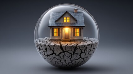 Happy home protection house loan insurance in a floating orb above cracked destruction