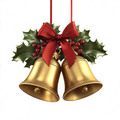 hristmas bells with a red bow and holly leaves on a transparent background