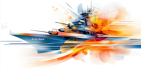 A conceptual illustration of an arms race, featuring a powerful naval battleship with dynamic, abstract effects representing conflict and speed.