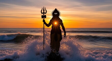 Mystical silhouette of a deity with trident rising from ocean waves at sunrise