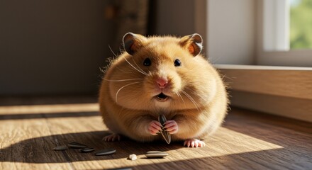 Golden hamster holds a seed in paws, on wood floor, bright light. Background is blurred