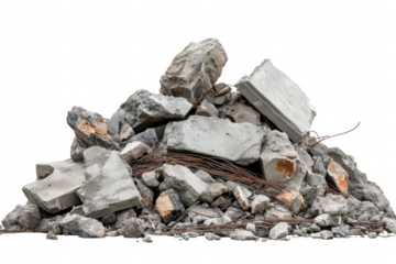 Pile of concrete rubble and debris with exposed rebar against a transparent background