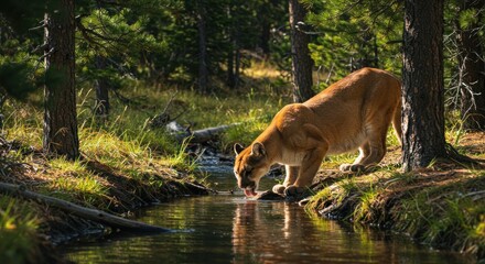 Fototapeta premium Mountain lion drinking from shallow creek in sunlit forest, surrounded by trees and green foliage
