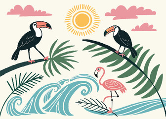 Exotic Beach Summer Collection: Hand-Drawn Toucan, Flamingo, Palm Tree, Sun, and Tropical Waves Illustration for Vacation and Nature Designs