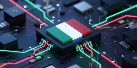Computer processor with the flag of italy on a circuit board symbolizing Italian technology and innovation 
