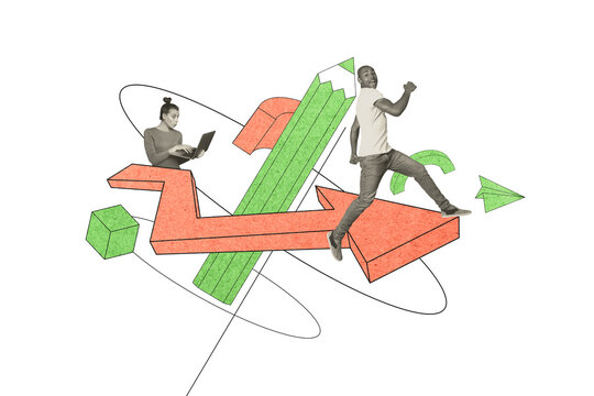 Banner full image art collage of two happy business partners girl guy run pencil 3d icon surf laptop geometric figure success