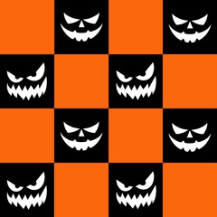Seamless Halloween pattern with spooky pumpkin faces in orange and black checkerboard. Ideal for backgrounds, wallpapers, and festive designs.