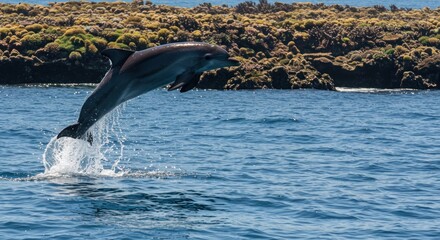 Naklejka premium A dolphin leaps majestically from the blue ocean, its sleek body arching gracefully against the backdrop of a rocky, textured coastline