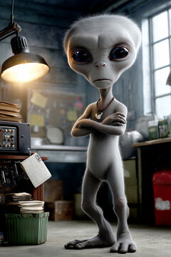 A 3D character portrait of a classic Grey alien with large dark eyes standing with arms crossed in a messy human office.