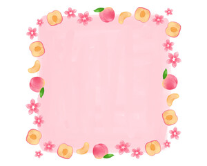 桃 水彩手描きイラスト ピンク フルーツフレーム