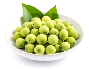 Small, vibrant green seeds in a bowl, with leaves