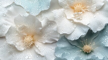 Close-up of delicate white and pale blue flowers covered in sparkling water droplets.