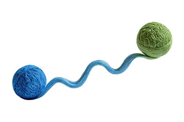 Two yarn balls connected by a wavy thread