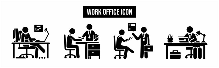 Office Work Activity Icon Set in Black Silhouette Style