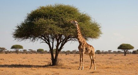 Obraz premium A tall giraffe gracefully reaches upward to consume leaves from a lush, round tree within a vast, dry savanna, under a clear blue sky