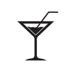 Black silhouette of a martini glass with a straw, filled with liquid. A sleek and minimal icon ideal for cocktail menus, bar promotions, party invites, and stylish graphic design projects.