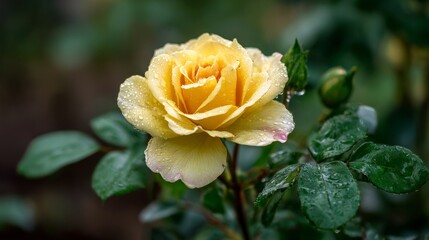 A yellow rose with fresh dew on its petals, set against a soft green garden background for a cheerful and vibrant look
