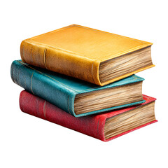 Fototapeta premium Stack of three antique leather bound books with aged pages isolated on transparent background