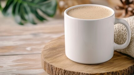 Speckled White Mug of Coffee on Rustic Wooden Board