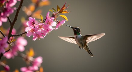 Obraz premium Hummingbird Hovering Next to Pink Cherry Blossom Flowers