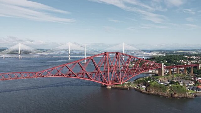Aerial view of the Forth Bridge at North Queensferry in Fife, Scotland