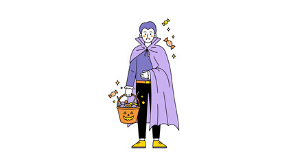 Cheerful Young Boy Dressed as a Halloween Vampire, Holding a Pumpkin Candy Bucket Filled with Colorful Treats, Surrounded by Sparkling Stars and Halloween Decorations, Perfect for Festive Celebrations