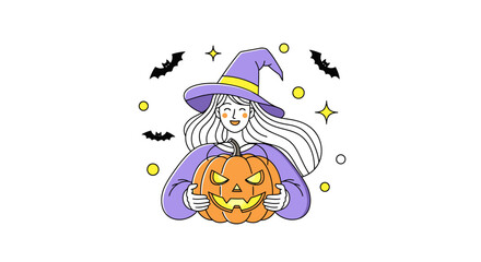 Fototapeta premium Cheerful Young Witch Holding a Carved Pumpkin Surrounded by Halloween Icons like Bats and Stars, Perfect for Spooky Seasonal Decorations, Events, and Halloween Festivities