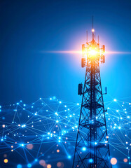 Modern Cell Tower Network in Starry Night Sky - Digital Connectivity Concept