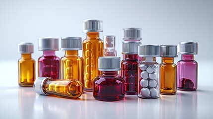Assorted medicine bottles and pills on white background; healthcare, pharmacy