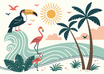 Exotic Beach Summer Collection: Hand-Drawn Toucan, Flamingo, Palm Tree, Sun, and Tropical Waves Illustration for Vacation and Nature Designs
