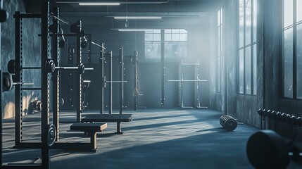 A gym interior featuring weight racks benches and dumbbells in a bright and spacious setting
