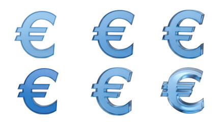 Six 3D blue euro symbols rendered on a white background representing finance economy and currency options