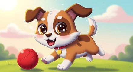 Cartoon puppy playing with red ball