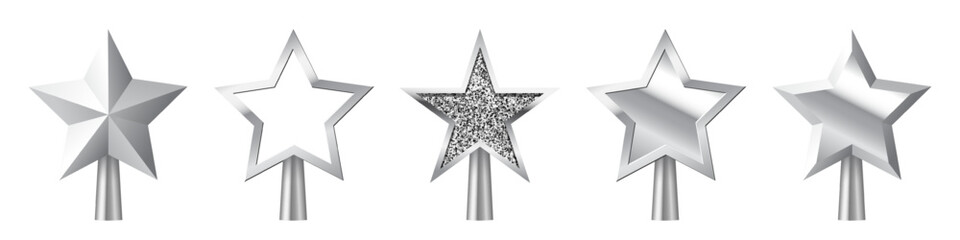 Obraz premium Christmas silver tree topper set vector illustration. Realistic 3D silver star decoration in deco style. Decorative traditional top of Xmas pine tree in winter season isolated on transparent.