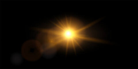 Light flare on dark background. Bright golden sun flare with glowing light rays. Radiant sunlight burst effect for design, photo overlays, or dramatic lighting. Abstract vector illustration.