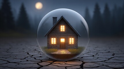 Happy home loan insurance protection a warm house in a glass sphere surrounded by nature at night