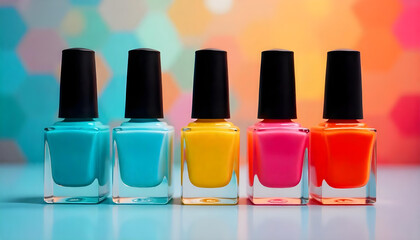 Obraz premium Five colorful nail polish bottles lined up on a reflective surface