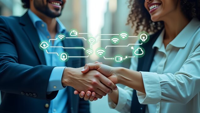 business people pushing a button, business people shaking hands, business man and woman with virtual screen, business man and woman holding a globe - Powered by Adobe