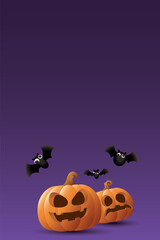 Minimalist Halloween night purple vertical background with 3D freaky bats and pumpkin Jack-O'-Lantern graphic illustration have blank space.
