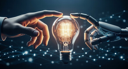 Human hand and robotic hand reaching to touch a glowing light bulb with internal circuitry idea