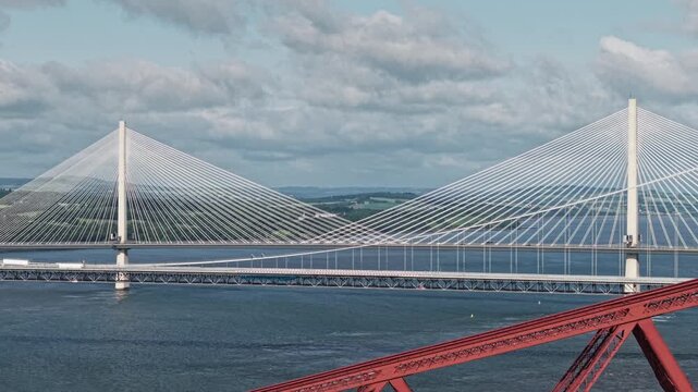 Aerial view of Scotland Firth of Forth bridges: Forth Rail Bridge & Queensferry Crossing
