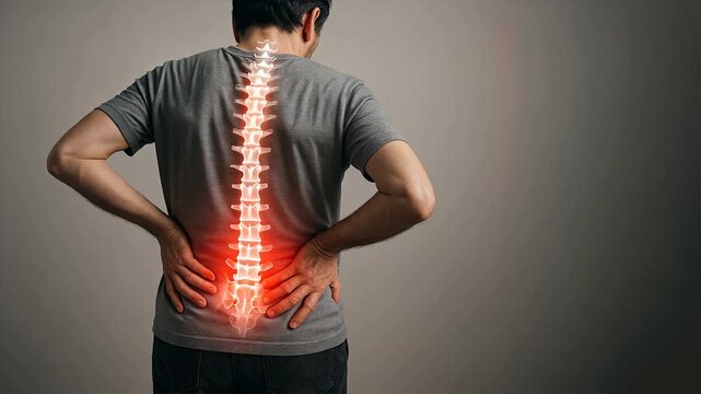 A man standing on a light background with glowing red and white spine highlighting back pain, Lower Back Pain, spine pain, medical issues