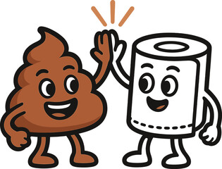 Smiling poop emoji giving a high-five to toilet paper roll, funny cartoon vector