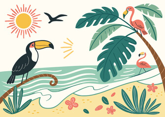 Exotic Beach Summer Collection: Hand-Drawn Toucan, Flamingo, Palm Tree, Sun, and Tropical Waves Illustration for Vacation and Nature Designs