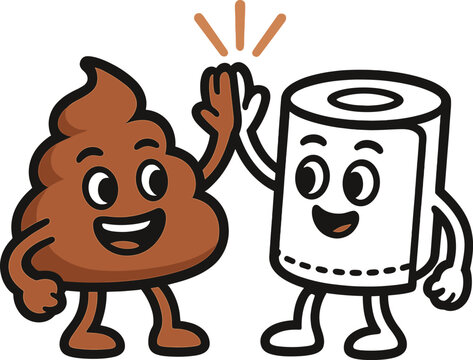 Smiling poop emoji giving a high-five to toilet paper roll, funny cartoon vector