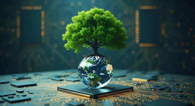 Green tree growing from Earth on circuit board technology globe planet