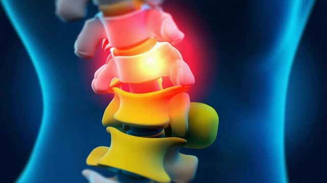 Herniated disc in red and yellow glowing spot shown on the back with glowing effect on a blue background, Lower Back Pain, spine pain, medical issues