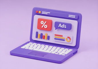 3d rendering conceptual image 3d illustration of a purple laptop displaying advertising analytics, charts, and statistics, representing digital marketing and business strategy