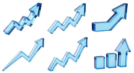 Transparent blue glass arrows pointing upwards representing growth success and progress set against a clean white backdrop for business or financial visuals