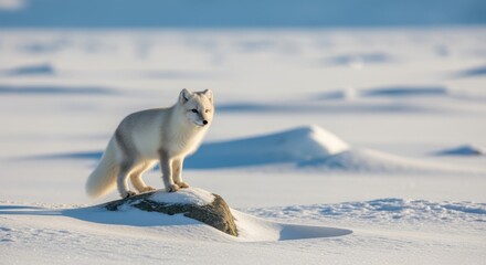 Arctic fox standing alert on snowy frozen tundra landscape